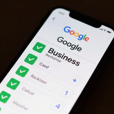 A close-up photograph of a smartphone screen showing a highly rated Google Business profile for a local Mexican workshop, with bright green checkmarks and clear call buttons.