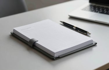 A sleek, professional leather-bound planner and a luxury pen on a modern desk, symbolizing strategy and planning in #546E7A.