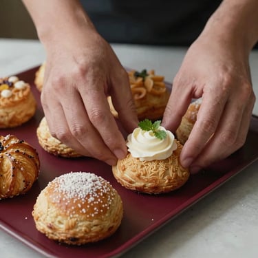 A close-up of hands arranging fresh artisanal pastries on a deep ripe crimson tray, soft lighting, professional food styling photography.