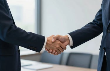A professional handshake between two business people in a modern office, signifying trust and a successful deal. The lighting is natural and bright, with a shallow depth of field. The office setting includes brand colors like muted blue furniture.