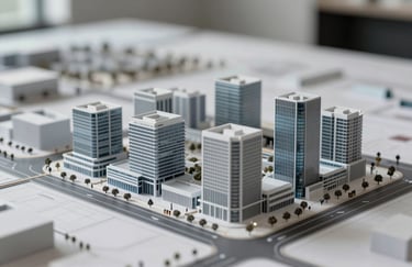 A clean, high-tech architectural model of a new development, showing precision and planning. The style is professional and trustworthy, with a focus on details and sophisticated lighting using brand grays and blues.
