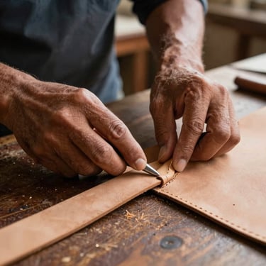 Hands of an artisan working with leather in a South American workshop, using traditional tools to refine the edges of a sand-colored belt, warm morning lighting.