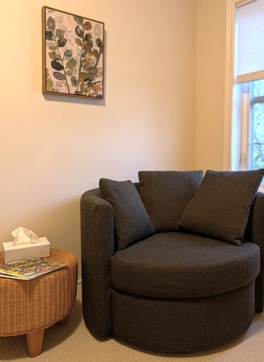 Comfortable seating in a private counseling room for community therapy services