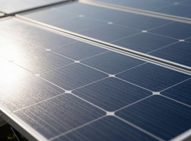 Detail of advanced solar panel cells capturing bright sunlight, showing the intricate grid lines and high-quality glass.