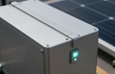Close-up of a high-capacity industrial solar battery system, featuring a sleek metallic finish and subtle LED indicators in soft cyan.