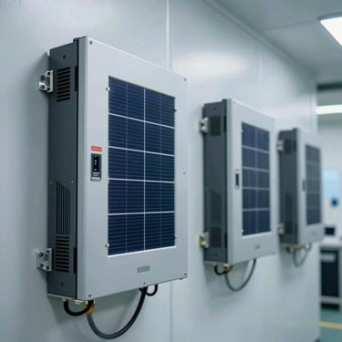 A series of high-tech solar inverters mounted on the wall of a clean, brightly lit modern utility room in a US facility.