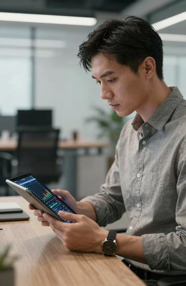 A professional analyst in a modern office looking at energy output data on a sleek tablet device, dressed in business casual attire.
