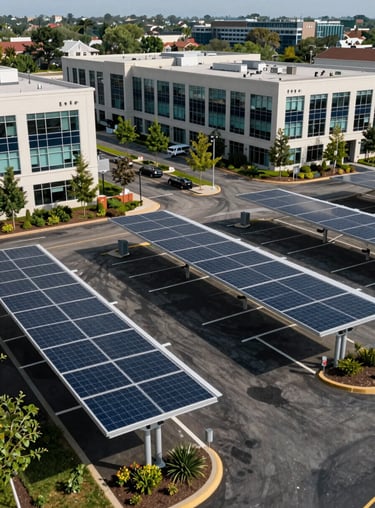 A corporate campus in a US suburban area featuring integrated solar canopies over the parking lot, showing a mix of nature and technology.