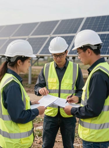 Professional engineering team in high-visibility vests discussing a project plan in front of a commercial solar installation.