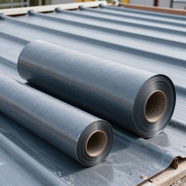 Still life photography of heavy-duty industrial roofing components and rolls of membrane on a clean, professional construction site in North America. Muted Blue and Gray colors dominate the professional composition.