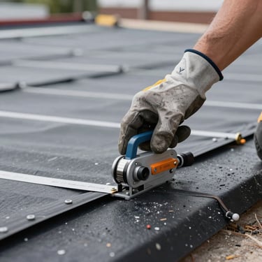 A close-up of a roofer's gloved hand and specialized industrial equipment on a commercial roof membrane. Focus on technical skill and high-quality materials. North American safety standards and industrial setting.