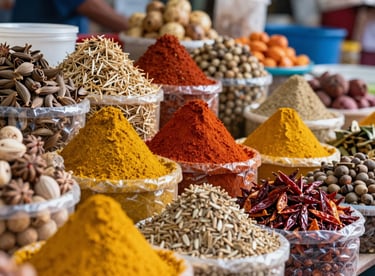 A vibrant display of spices and traditional ingredients at a South American / Brazilian / Bolivian open-air market, bright and colorful.