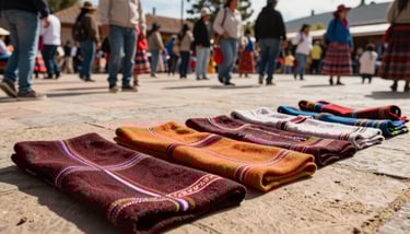 A family in traditional attire smiling together in a sunlit South American / Brazilian / Bolivian plaza during a celebration.