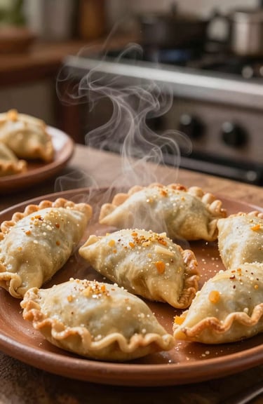 A close-up of traditional Bolivian salteñas served on a warm sand colored ceramic plate, steam rising, South American / Brazilian / Bolivian kitchen setting.