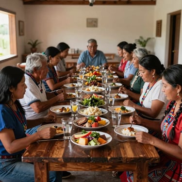 A community group sharing a large traditional meal at a long table made of dark espresso wood, South American / Brazilian / Bolivian cultural hall.