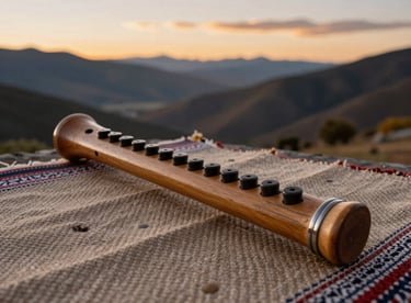 A pan flute (zampoña) resting on a woven textile with a background of a South American / Brazilian / Bolivian mountain landscape at sunset.