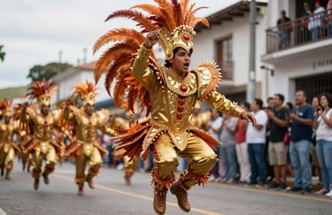A performer in a striking Caporales costume with gold and burnt orange details, jumping during a parade in a South American / Brazilian / Bolivian street.