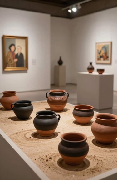 Traditional Bolivian pottery pieces in warm sand and dark espresso tones arranged elegantly in a modern South American / Brazilian / Bolivian gallery.