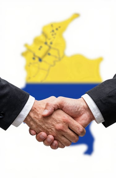 A clean, minimal composition of a handshake with a blurred map of Colombia in the background, focusing on reconciliation.