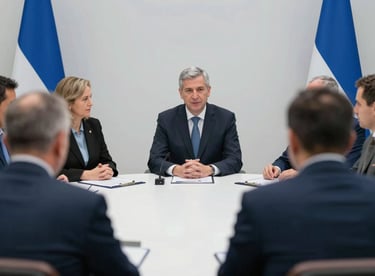 Institutional representatives and victims of the conflict sharing a dialogue at a round table with blue and white tones.