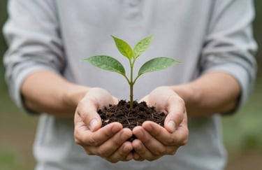 Two hands holding a small green plant together, representing growth through partnership, with a soft-focus background.