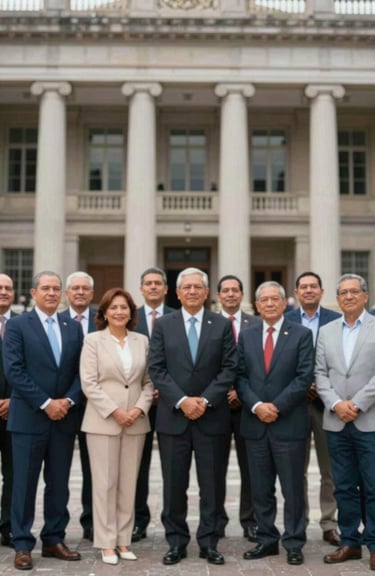 A group of community leaders and professionals standing together in front of a Colombian institutional building, symbolizing unity and trust.