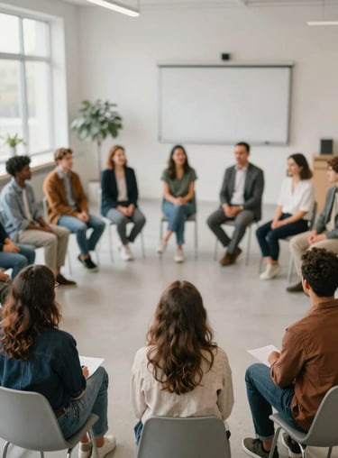A diverse group of people sitting in a circle during a peace-building workshop in a bright, modern hall.