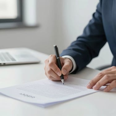 A close-up of a professional signing a collaborative agreement on a clean desk, modern and empathetic atmosphere.