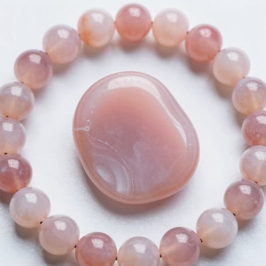 Polished pink agate worry stone surrounded by a matching beaded crystal bracelet on a white surface.