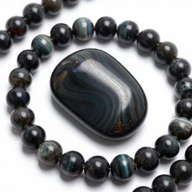 Polished labradorite gemstone pendant with blue flash surrounded by a black onyx beaded bracelet.