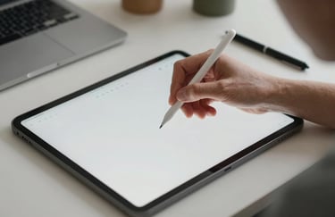 A high-angle photograph of a person's hand using a stylus on a tablet showing a minimalist productivity layout, in a North American / European home office.