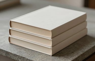 A stack of three minimalist books with soft off-white and light sand beige covers, arranged neatly on a stone gray surface in a North American / European setting.