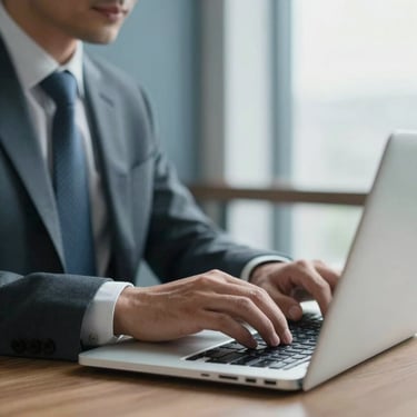 A close-up of a professional in business attire working on a sleek laptop in a bright, airy room with blue and grey accents. Spanish-speaking / Global.