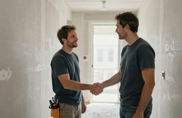 A professional drywall contractor shaking hands with a client in a modern North American / US hallway with freshly prepped walls.
