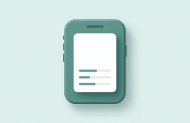 A minimalist 3D icon of a mobile phone screen with simple geometric shapes, emphasizing sleek UI design. Colors: #4A6D7C and #9CC0B9.