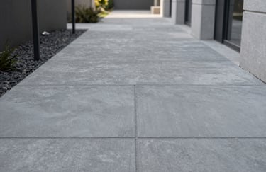 Overhead view of a perfectly finished stamped concrete walkway leading to a modern building, showing symmetry and precision in #5F746C.