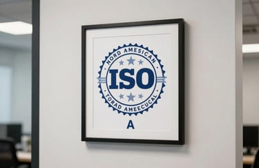 A sharp, clear photograph of a professional ISO certification seal in a simple frame on a clean white wall in a North American business setting.
