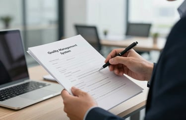 A person in professional business-casual attire reviewing quality management system documentation in a bright, modern Texas office environment.