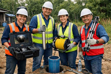 A team of smiling engineers in hard hats use specialized equipment for a professional borehole inspection.