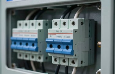 A detailed close-up of heavy-duty industrial cables and circuit breakers inside a distribution board, emphasizing technical precision with ice blue and steel blue highlights.
