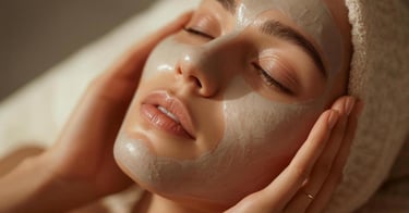 Una mujer relajada, aplicándose una mascarilla facial de arcilla para una limpieza profunda
