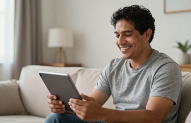 A South American man in a bright living room smiling while using a tablet for a healthcare consultation, looking relieved and happy.