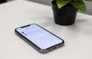 Macro photography of a smartphone screen showing a clean business notification, placed on a white desk next to a modern plant in a South American / Brazilian office.