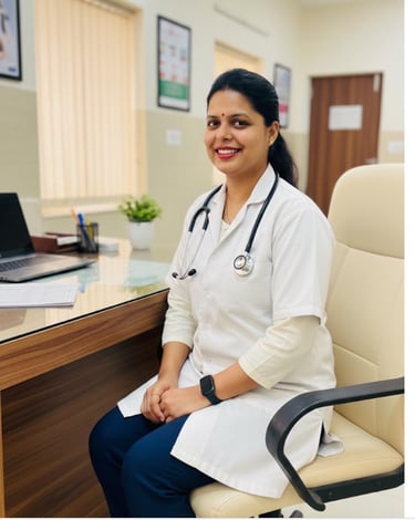 Female doctor in a white lab coat with a stethoscope sitting at her office desk in a medical clinic.