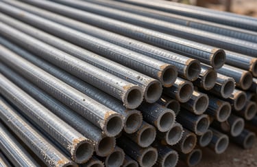 Close-up of high-quality TMT steel bars and premium concrete textures at an active South Asian building site, symbolizing structural strength.