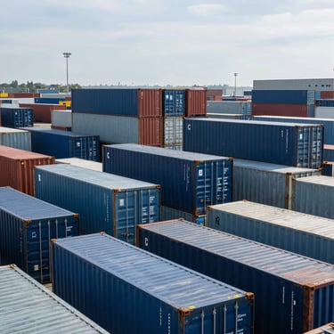 A professional wide-angle photograph of a major British shipping port with rows of steel blue and midnight blue cargo containers, clear daylight.