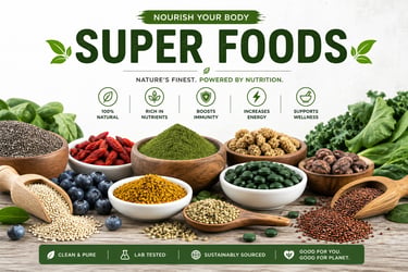 Variety of organic superfoods like spirulina, chia seeds, and goji berries for a healthy diet.