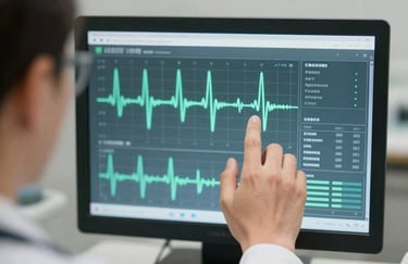 A medical professional's hand adjusting a high-tech digital interface displaying patient neural response data, in clean tones of #4B7F7F and #F3F8F8.