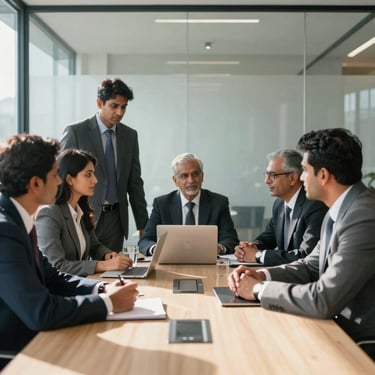 A team of South Asian / Indian professionals in a collaborative meeting inside a glass-walled conference room, dressed in professional business attire, sunlight streaming in.