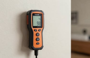 A high-resolution photo of a professional moisture detection tool showing a clear digital reading against a light off-white wall in a well-maintained Canadian home.
